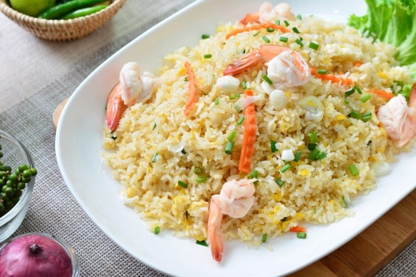 Shrimp fried rice on a white plate