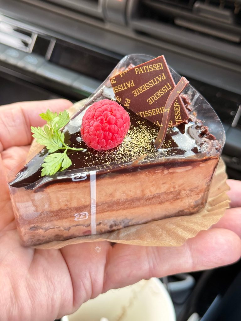 Slice of layered chocolate mousse cake with a raspberry and gold dust, held in a hand