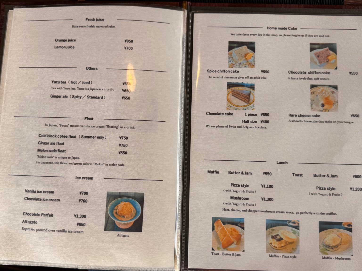 English menu at Sagan showing homemade cakes, floats and light lunch muffins