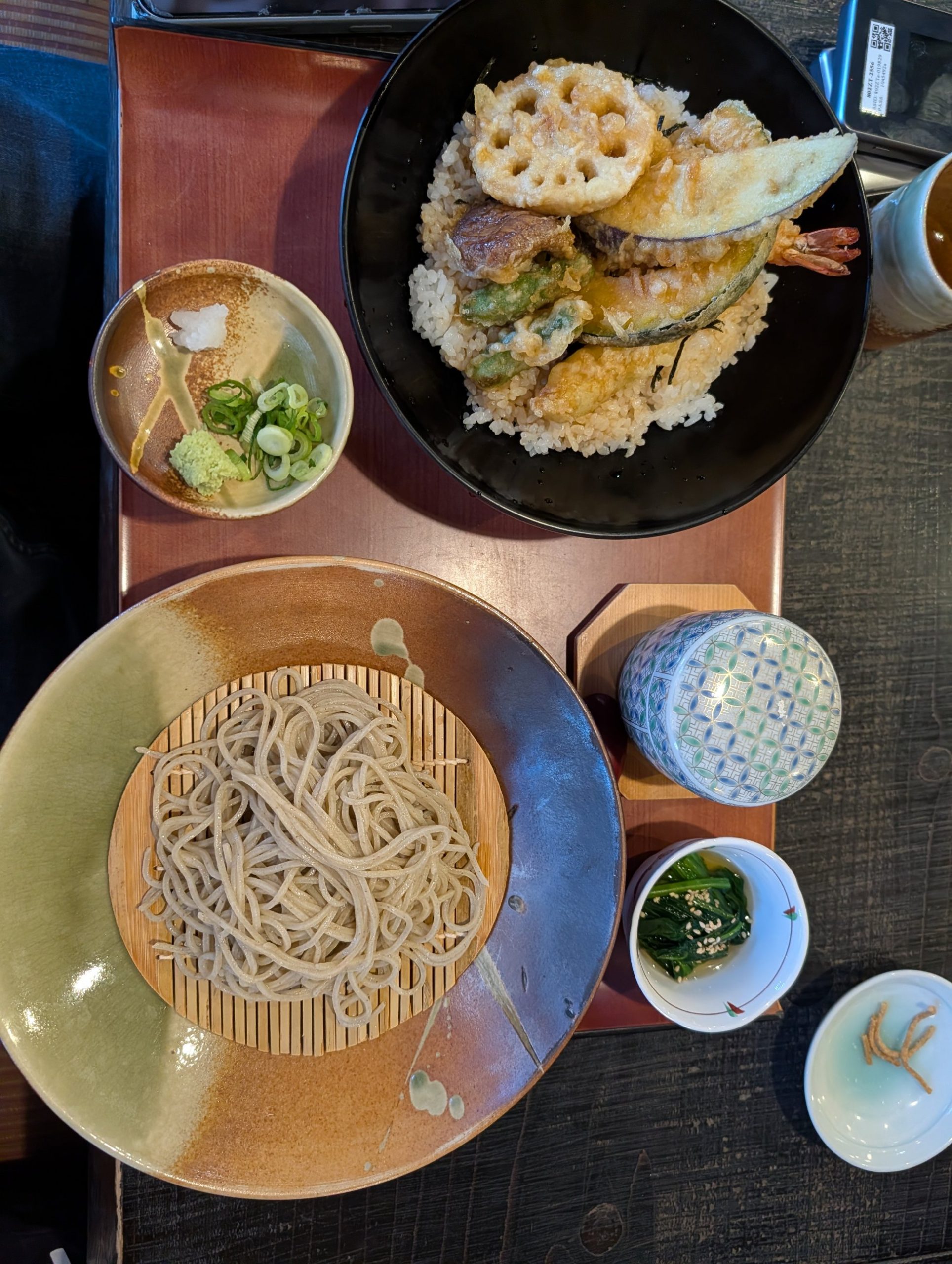 The tendon set at Tsurukian: Ibuki soba, tendon and sides