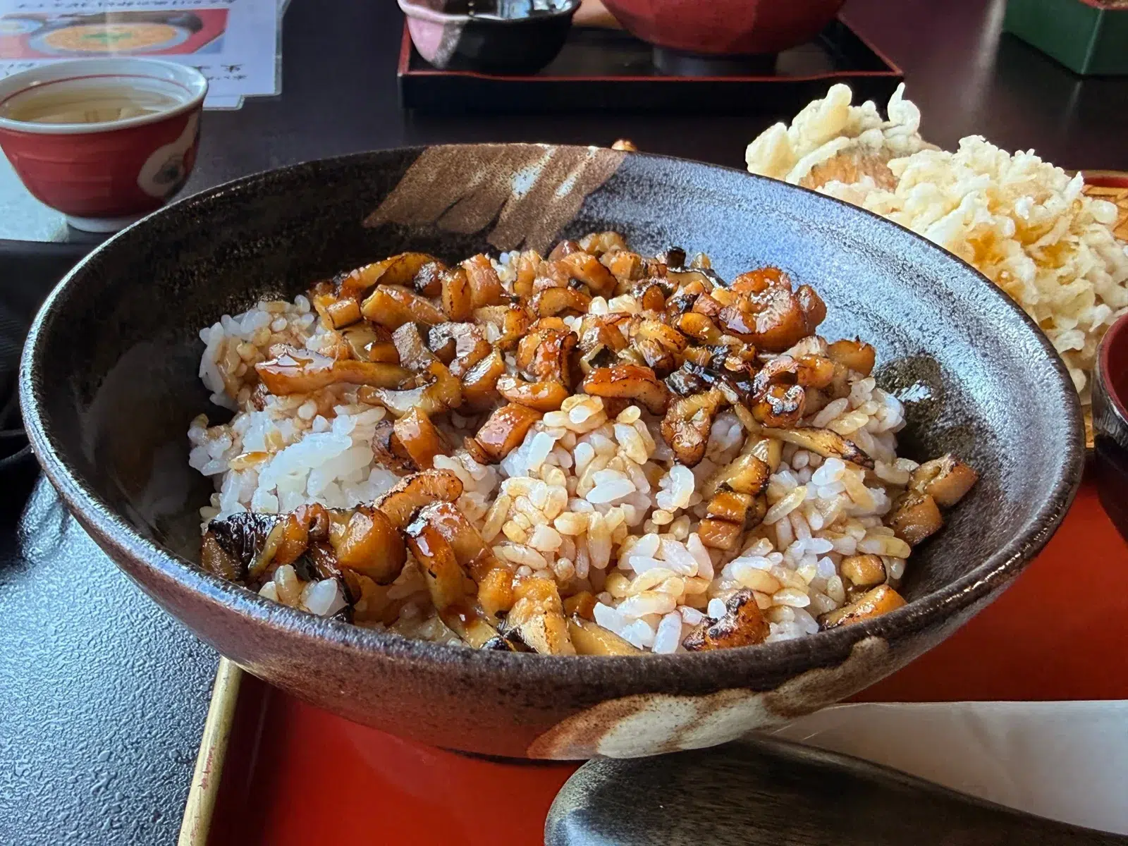 Close-up of grilled conger eel glazed with sweet soy over rice